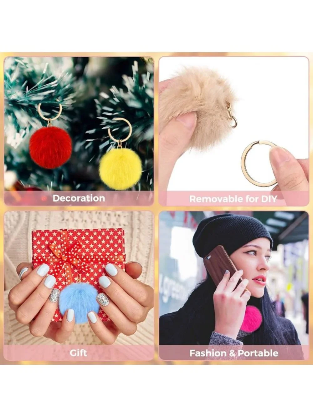 Fluffy Faux Fur Pom Pom Keychains - 46 Pcs Rabbit Ball Key Rings for Bags
